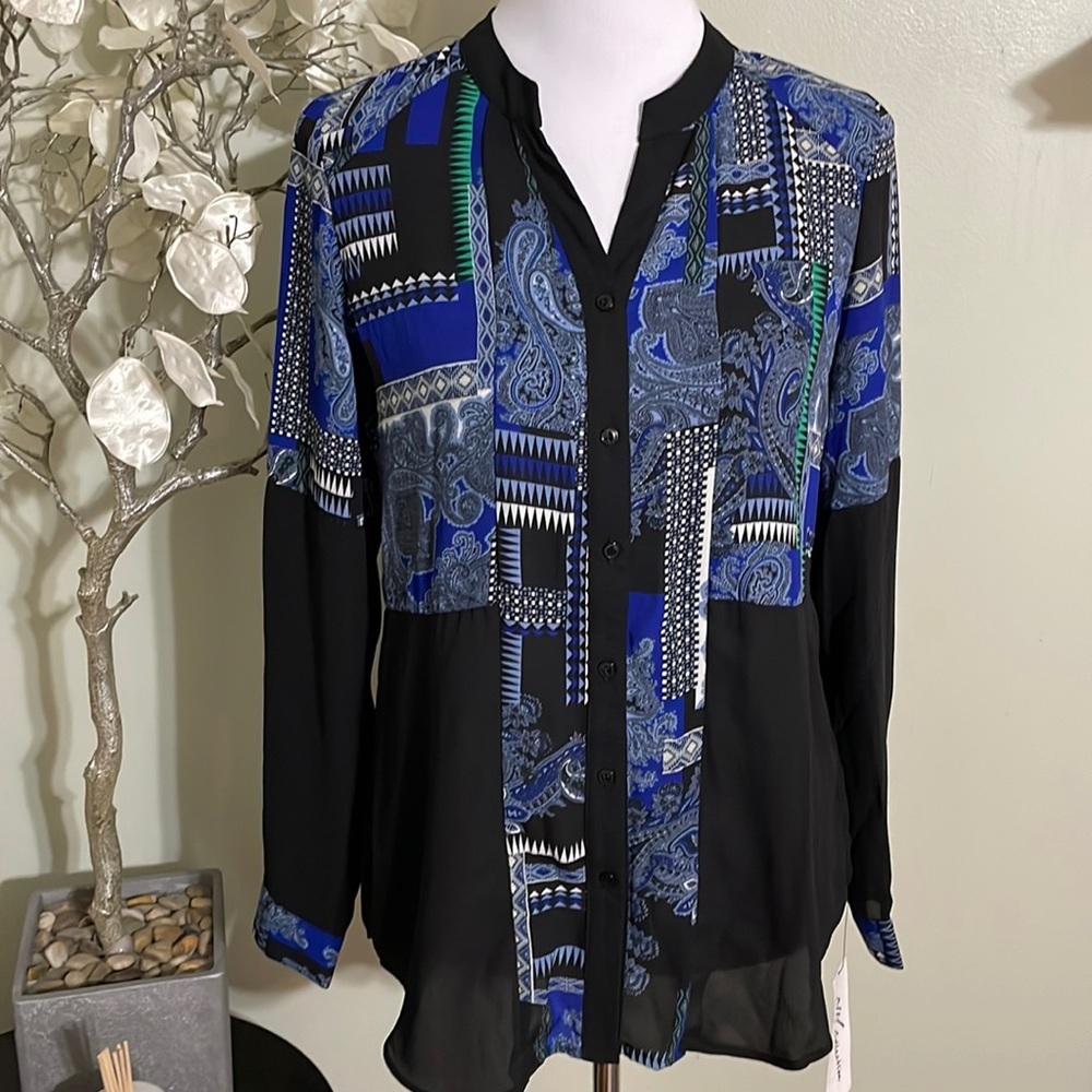 NY Collection Blue & Black Patchwork Paisley Button-Up Blouse
